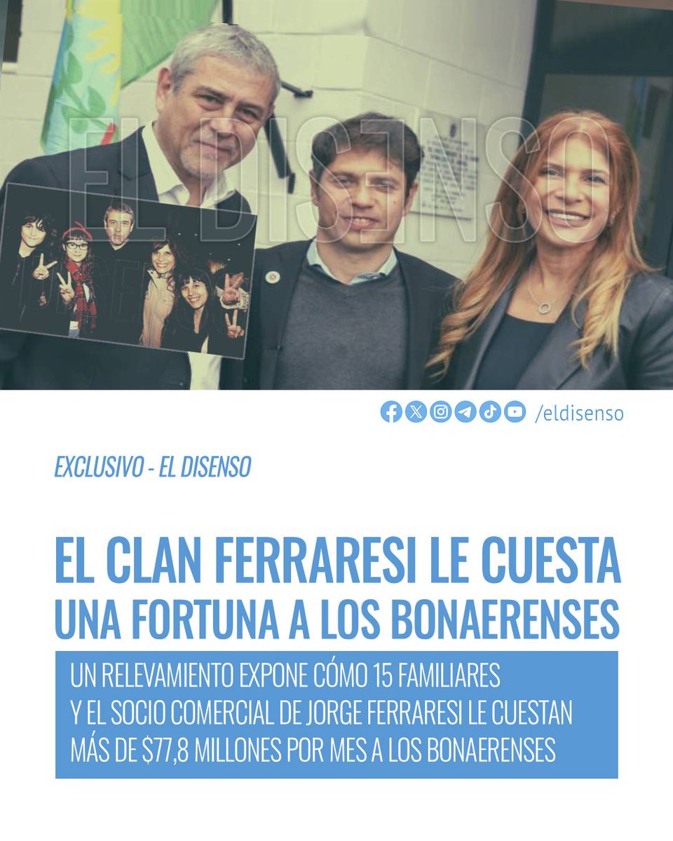 ElDisenso's tweet photo. 🚨#ESCANDALO | El clan Ferraresi le cuesta una fortuna a los bonaerenses💰🔥
✅ Un relevamiento expone cómo 15 familiares y el socio comercial de Jorge Ferraresi le cuestan más de $77,8 MILLONES por mes a los bonaerenses
✌️#LaKasta vía🔎 #ElDisenso
▶️Leé: https://t.co/0cBzSoMWMw https://t.co/ZrejvUAzaT