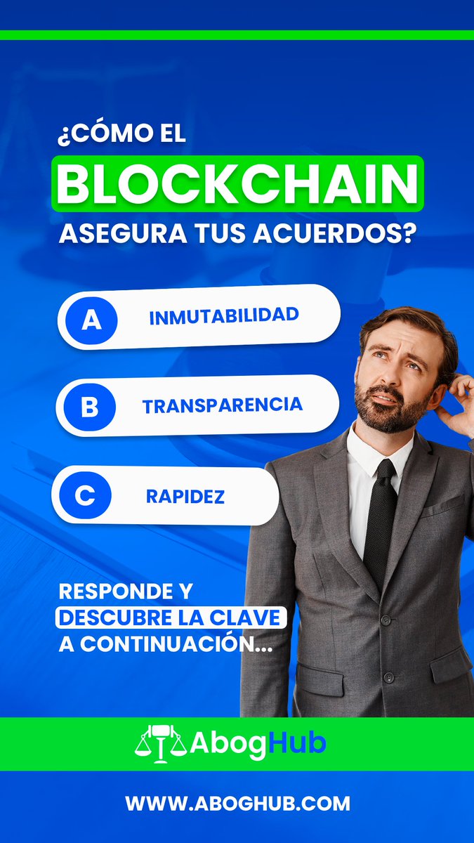 AbogHub's tweet photo. 🔗 ¿Cómo puede Blockchain ayudar a asegurar tus acuerdos?

🤔 ¿Cuál eliges?
A) Inmutabilidad
B) Rapidez
C) Transparencia

📚 Pon a prueba tus conocimientos y descubre más sobre tecnología y derecho con AbogHub.
#AbogHub #Blockchain #LegalTech https://t.co/qhI2eHAozr