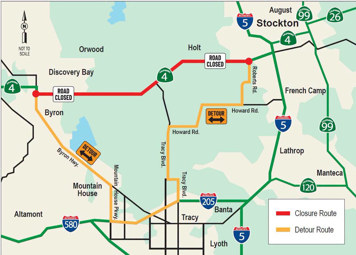 CHPTracy's tweet photo. STARTING TONIGHT, ROAD CLOSURE:

SR-4 AT OLD RIVER BRIDGE TO ROBERTS RD. 

55-Hour Closure from 10pm Friday, Aug. 14 through 5am on Monday, Aug 17, 2026

CHP WILL BE ON DUTY AND IN THE AREA. PLEASE FOLLOW DETOUR SIGNS OR USE ALT. ROUTES. THANK YOU. https://t.co/quDB4pxp0f