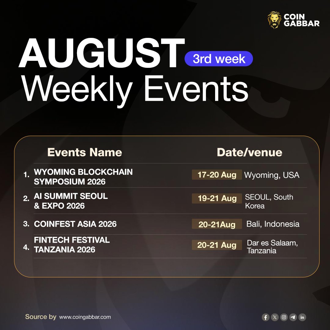 coin_gabbar_'s tweet photo. 🗓 August 3rd Week #CryptoEvents You Can’t Miss -
👉Stay tuned with:- https://t.co/5K08p4N0gE
#CoinGabbar #WeeklyEvent #Crypto #AugustEvent @SALTConference @Afrochaineth @CoinfestAsia @Fintechtz2024 https://t.co/5GZDqL4hEI