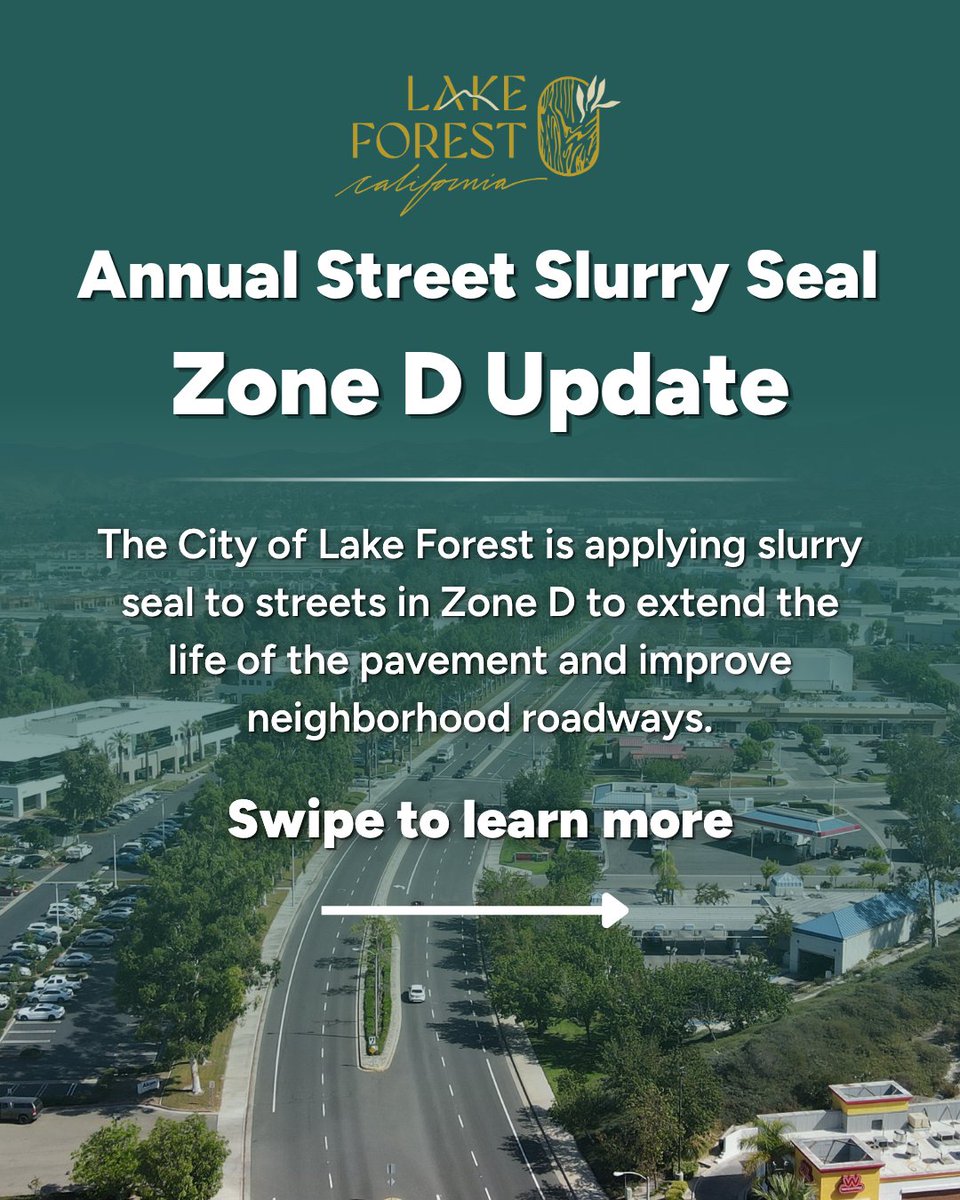 LakeForestCA's tweet photo. Zone D slurry seal work begins Monday, Aug. 17, generally west of Lake Forest Drive between Portola Parkway and Trabuco Road. Expect street closures from 8 a.m. to 5 p.m. Check signs and door hangers for your street’s schedule. Details: https://t.co/v2yGrU2VRZ https://t.co/LjPctfYH1m