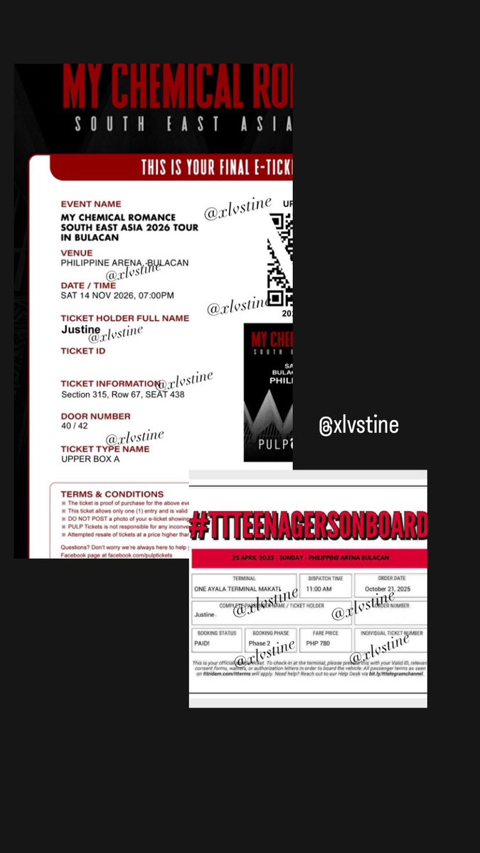 xlvstine's tweet photo. wts lfb ph mcr in bulacan

My Chemical Romance South East Asia Tour 2026 

(1) UBA sec 315 ₱4,700
(1) shuttle bus tix to&amp;from PH Arena ₱800

- price negotiable
- will provide authorization 

rfs: work sched conflict 
bilhin niyo na plz! 😔 https://t.co/SN9G9ggir3