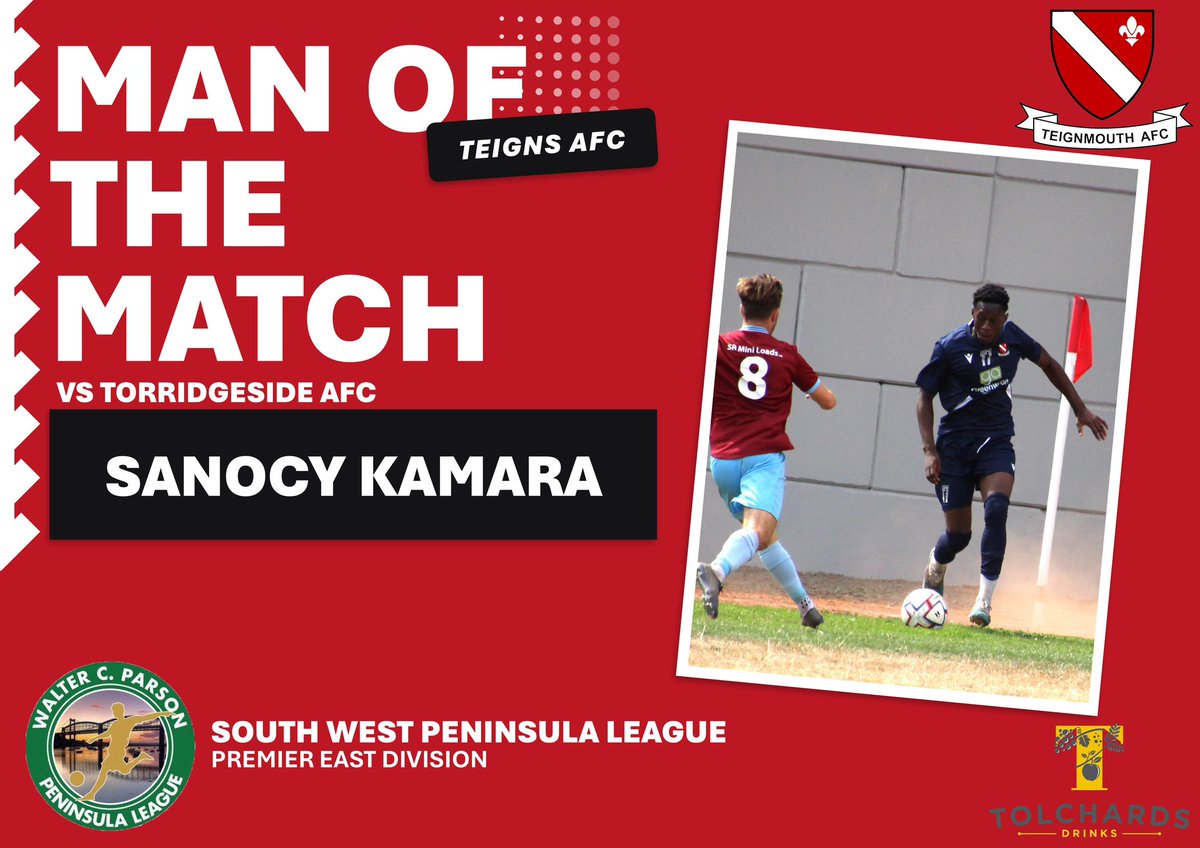 TeignsFC's tweet photo. ⬜️🟥 𝗠𝗔𝗡 𝗢𝗙 𝗧𝗛𝗘 𝗠𝗔𝗧𝗖𝗛 🟥⬜️

The supporters’ Man of the Match award, sponsored by Tolchards, for Saturdays home game against Torridgeside was awarded to Sanocy Kamara https://t.co/FO329lB2lK