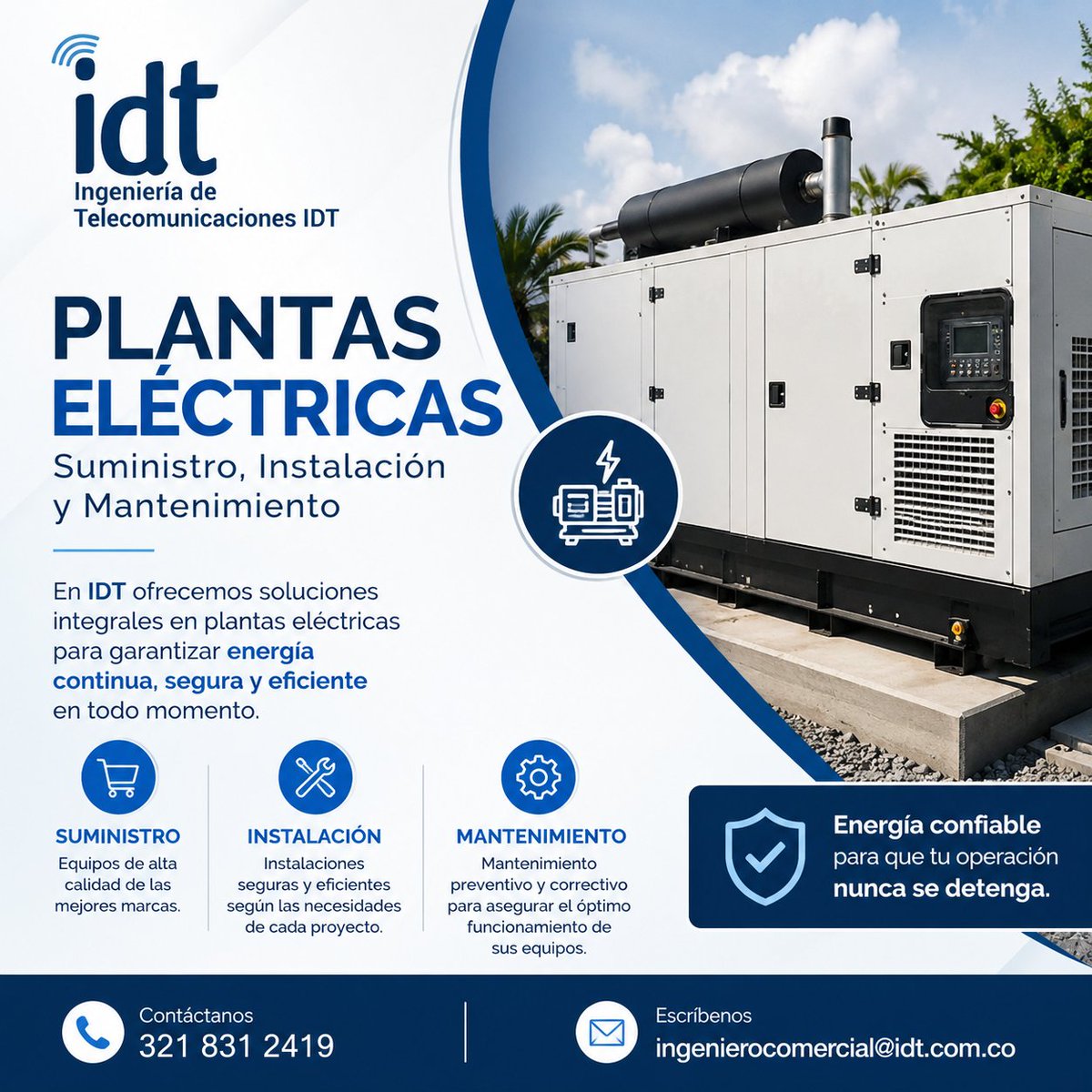 idtcomco's tweet photo. ⚡ PLANTAS ELÉCTRICAS: energía confiable para tu operación.

Nos encargamos de acompañarte en cada etapa para que tu infraestructura eléctrica funcione de manera segura, eficiente y confiable.

📲 321 831 2419
📧 ingenierocomercial@idt.com.co https://t.co/c3jxrVnSa0
