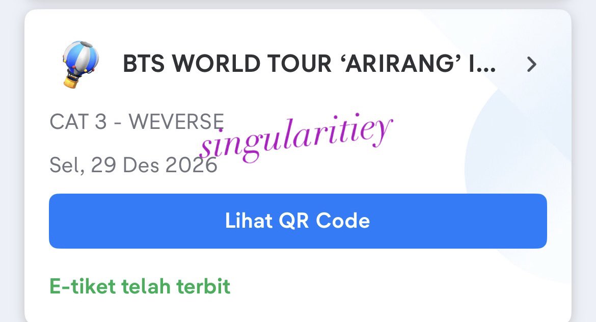 singularitiey's tweet photo. want to sell bts world tour arirang jakarta cat 3 day 3 weverse (1 tix)

bisa cicilan tapi wajib dp di awal, diurus sampai tuker tiket fisik

hmu! https://t.co/KleySqMZ27