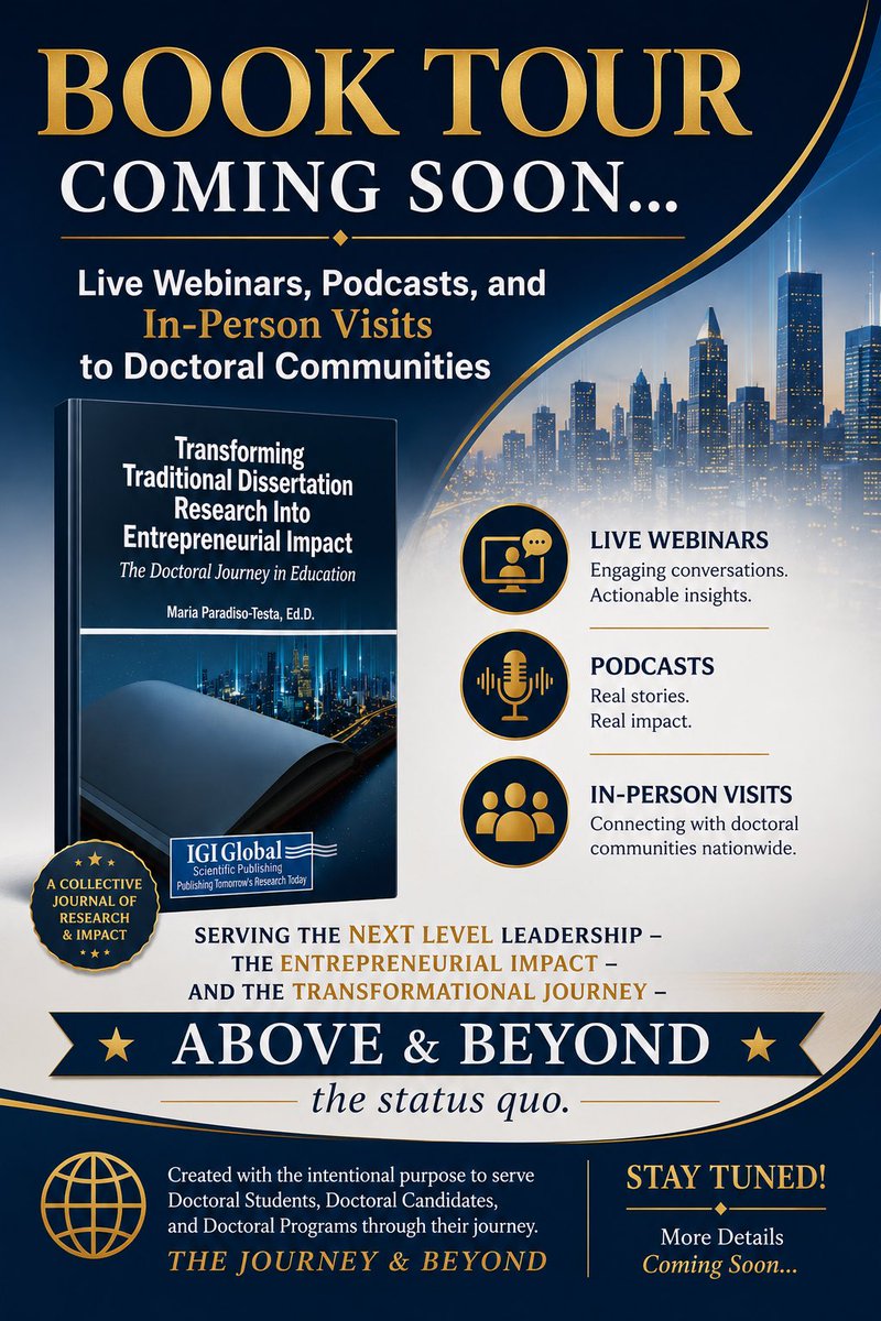 DrMariaP_Testa's tweet photo. 📘BOOK TOUR

Bringing the Conversation to 
📣Doctoral Communities
📣Doctoral Leaders
📣Doctoral Candidates

🔹Highlighting Authors &amp; Chapters
🔹Webinars/Podcasts w/@igiglobal
🔹In-Person Engagement

Transformational Journeys ✔️
NEXT LEVEL Leadership ✔️
Entrepreneurial Impact ✔️ https://t.co/en45Kcj0Ah