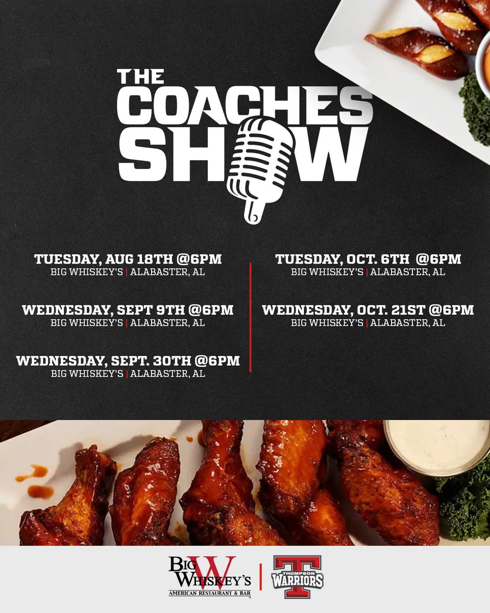 WNNetwork1's tweet photo. 🎙️ The Coaches Show is BACK! 🏈

Join us live every away game week at Big Whiskey’s in Alabaster starting at 6:00 PM! Grab some great food, hang out with fellow Warrior fans, and get the inside scoop directly from our coaches. https://t.co/hsNqIOcWC0