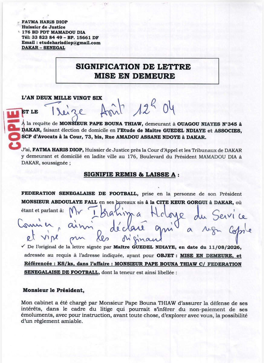 taggatsn's tweet photo. 🚨 La lettre de mise en demeure de Pape Thiaw adressée à la FSF.

Selon ses avocats , la Federation senegalaise de Football lui doit la somme de 423 820 300 F CFA. https://t.co/0ayPaILAkY