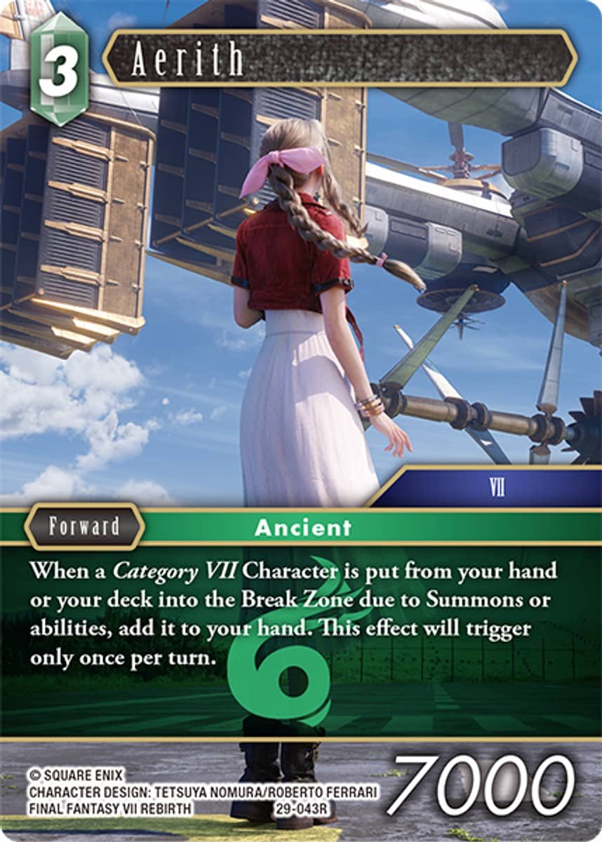 JudgeJaredFFTCG's tweet photo. @FFTCG_SQEX I control Aerith and play Axis. Axis’ effect puts 3 Final Fantasy VII Characters from my deck into the break zone. Does Aerith trigger for the first VII Character that was put into the break zone or do I get to decide which character her auto triggers for? https://t.co/IQR4ISqr2y