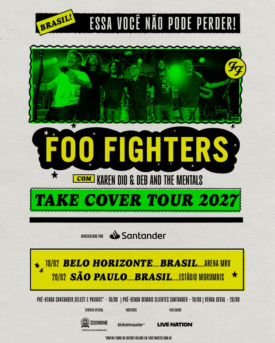 santander_br's tweet photo. 🤘 FOO FIGHTERS NO BRASIL 🤘

as LENDAS do rock tão de volta e agora quem é cliente santander tem parcelamento em até 10x! se liga nas datas:

🎟️ Pré-venda Santander Select e Santander Private Banking: 18/08, às 10h
🎟️ Pré-venda clientes Santander: 19/08, às 10h
🎫 Vendas gerais: 20/08, às 10h
💳 Pede aqui seu cartão e corre para garantir seu lugar nesse e nos próximos shows! 👀👉 https://t.co/nKEwXLyb6g
*sujeito à análise
#SMUSIC ♨️ #SantanderBrasil