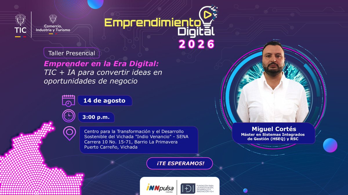 AppsCo's tweet photo. 🚀 ¡Puerto Carreño se conecta con nuevas oportunidades digitales!

Participa HOY en el taller “Emprender en la Era Digital: TIC” y descubre nuevas herramientas para fortalecer tus ideas y proyectos. 📲

👉 Inscríbete aquí: https://t.co/EZGxUu9UrK

#EmprendimientoDigital2026 https://t.co/B2gqYYsbiX