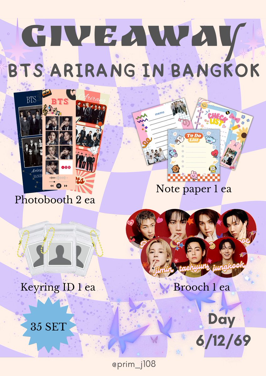 prim_j108's tweet photo. ☆Please RT☆
♡Giveaway~BTS Arirang in BKK♡

◇35 Set
~ID Photo,ID Card,Sticker
《แยกเมมเบอร์》
~Keyring
□35 Set
-Photobooth,Note Paper {Random}
-Brooch,Keyring ID《แยกเมมเบอร์》

🔖6/12/69
⏰️TBA
📌ราชมังคลากีฬาสถาน🏟

#BTS_WORLDTOUR_BANGKOK
#BTS_WORLDTOUR_ARIRANG_BANGKOK https://t.co/BAloCIfhjk