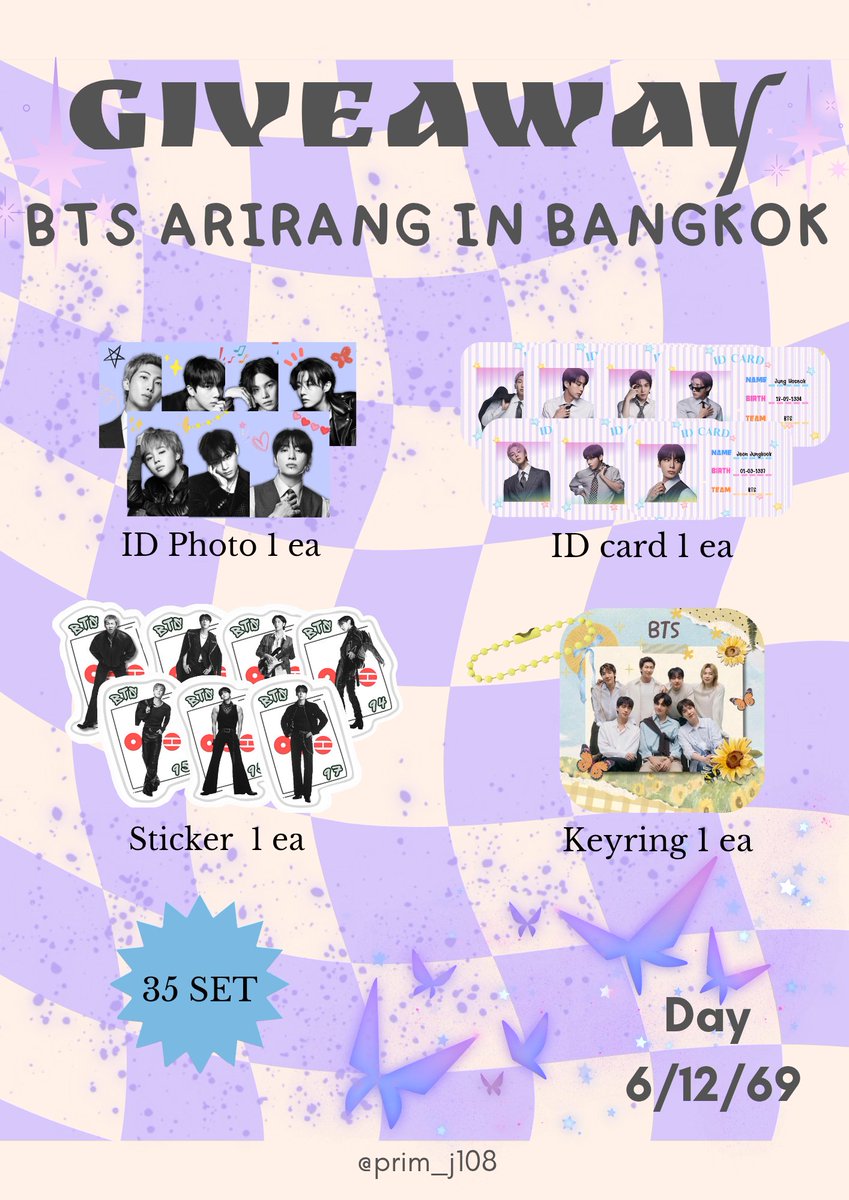 prim_j108's tweet photo. ☆Please RT☆
♡Giveaway~BTS Arirang in BKK♡

◇35 Set
~ID Photo,ID Card,Sticker
《แยกเมมเบอร์》
~Keyring
□35 Set
-Photobooth,Note Paper {Random}
-Brooch,Keyring ID《แยกเมมเบอร์》

🔖6/12/69
⏰️TBA
📌ราชมังคลากีฬาสถาน🏟

#BTS_WORLDTOUR_BANGKOK
#BTS_WORLDTOUR_ARIRANG_BANGKOK https://t.co/BAloCIfhjk