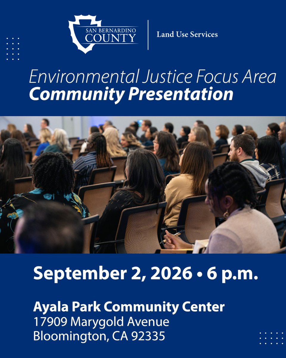 SBCountyLandUse's tweet photo. San Bernardino County Land Use Services will present its draft Environmental Justice Focus Areas (EJFA) ordinance as part of the Bloomington Municipal Advisory Council meeting. https://t.co/t0CZ8d754x