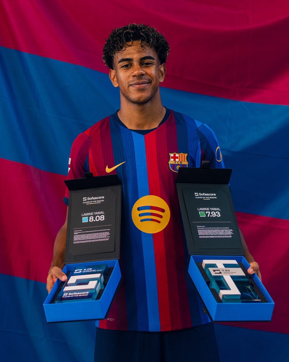 Sofascore's tweet photo. 🏆 | First time was so nice…

Lamine Yamal in the 2025/26 LaLiga:

👕 28 apps
⚽️ 16 goals
🅰️ 11 assists
⭐️ 7.93 average Sofascore Rating

Lamine Yamal in the 2025/26 Champions League:

👕 10 apps
⚽️ 6 goals
🅰️ 4 assists
⭐️ 8.08 average Sofascore Rating

Two Sofascore Player of the Season trophies earned in the same campaign before turning 19. 🤯