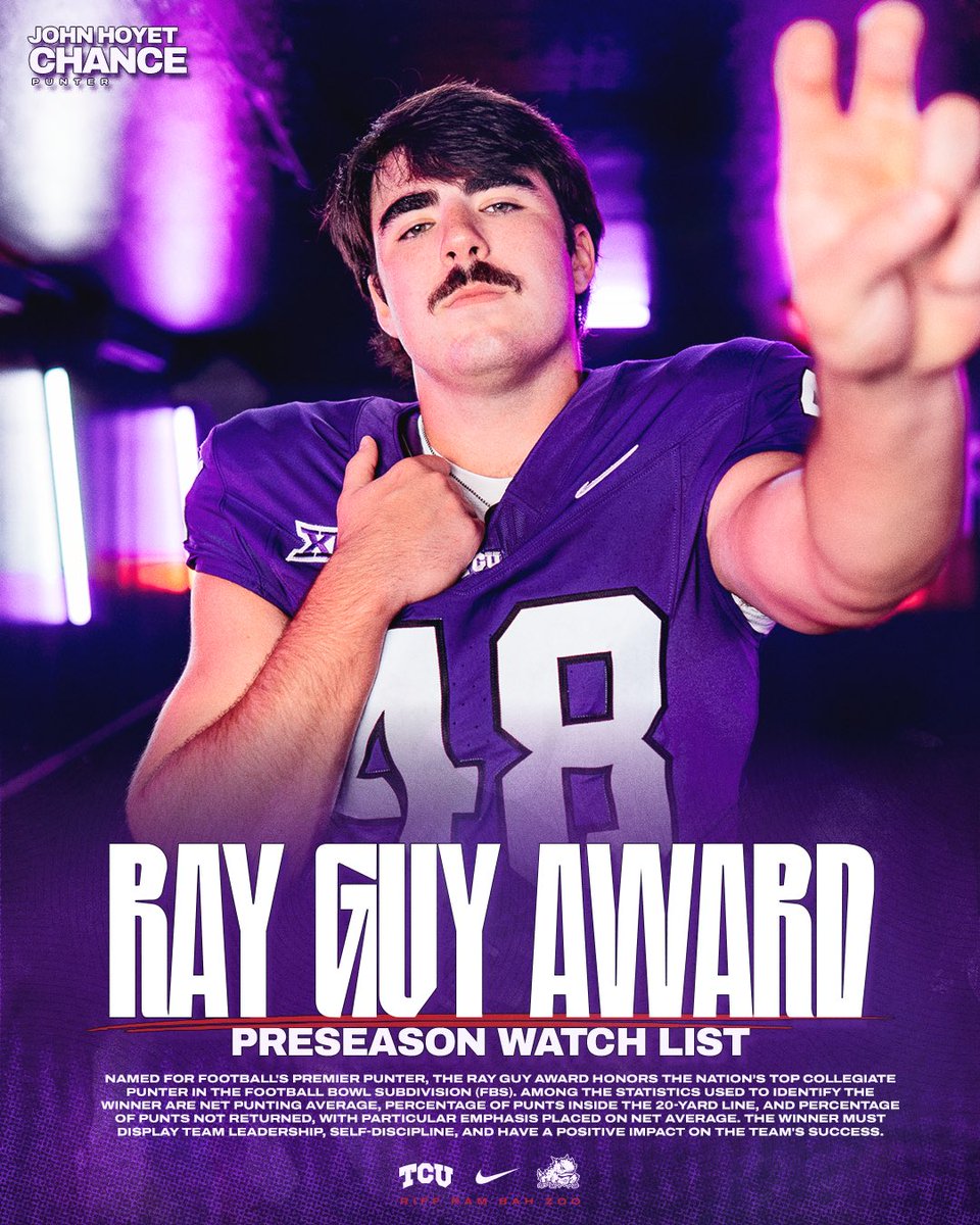 TCUFootball's tweet photo. 🏆 John Hoyet Chance has been named to the watch list for the Ray Guy Award, presented annually to the nation’s top collegiate punter in the FBS! 

#GoFrogs 🐸 #ForTheWorthy https://t.co/FulW5kTPBY