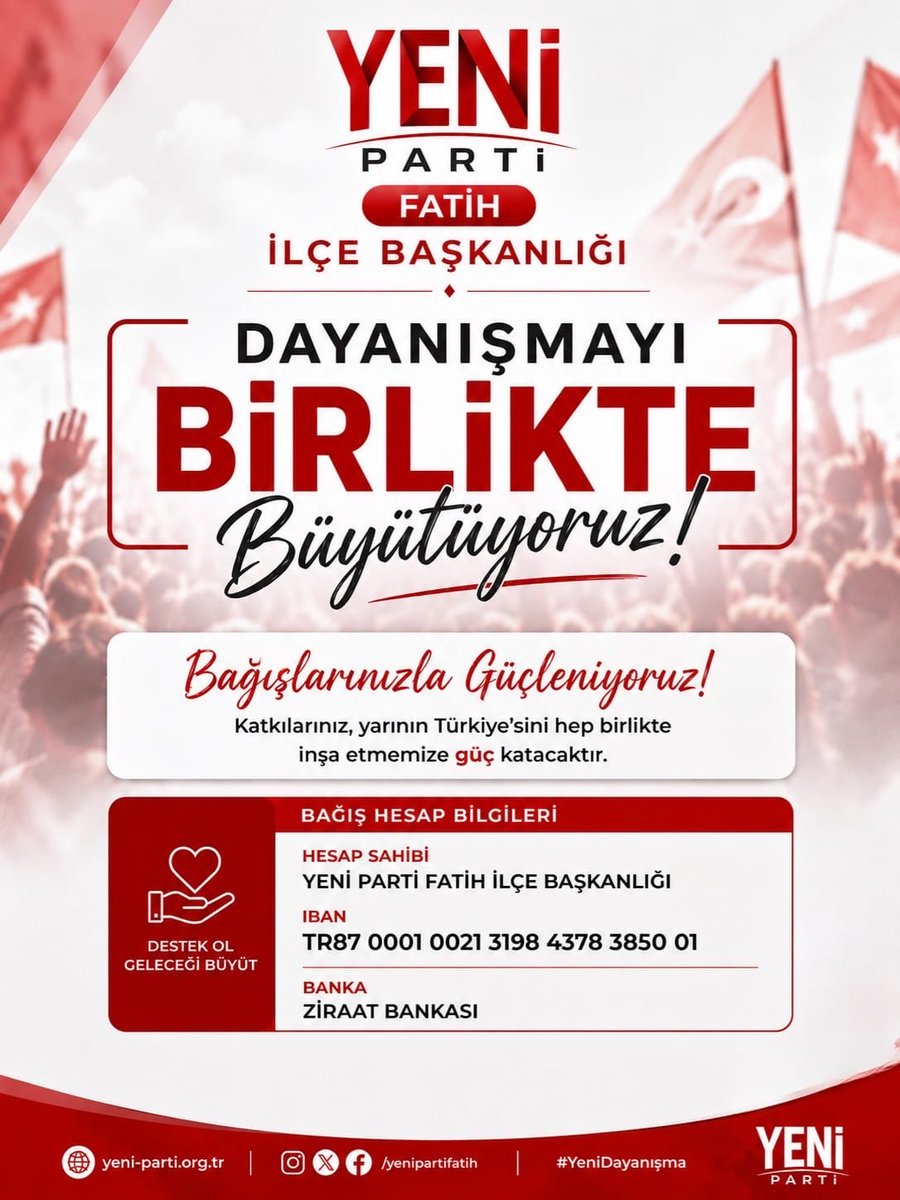 yenipartifatih's tweet photo. Yeni Parti Fatih İlçe Başkanlığı olarak çıktığımız bu yolda, sizlerin desteğiyle daha güçlüyüz.

Bu mücadeleye yapacağınız katkılar, bizim için büyük bir dayanışma anlamı taşıyor.

📍 Ziraat Bankası
IBAN: TR87 0001 0021 3198 4378 3850 01

Hesap Sahibi: Yeni Parti Fatih İlçe Başkanlığı

Yavuz NAZLIGÜL
Yeni Parti Fatih İlçe Başkanı