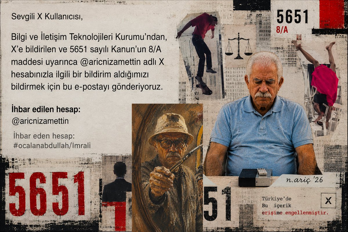 aricnizamettin's tweet photo. Türkiye’de X hesabıma erişim engeli getirildi.

Gerekçe bir mahkeme kararı.
Resimlerim rahatsız ediyor.
Görünmesinler diye ellerinden gelen her şeyi yapıyorlar.
Ama tuhaf bir şey oluyor: Sanatçının fantezisi durmuyor.
Yasak görüntüye dönüşüyor.
Mahkeme kararı kolajın içine giriyor.
Sansürün kendisi resmin malzemesi oluyor.
Yeni çalışmam:

5651 — Mahkeme Kararı / Karışık Teknik
