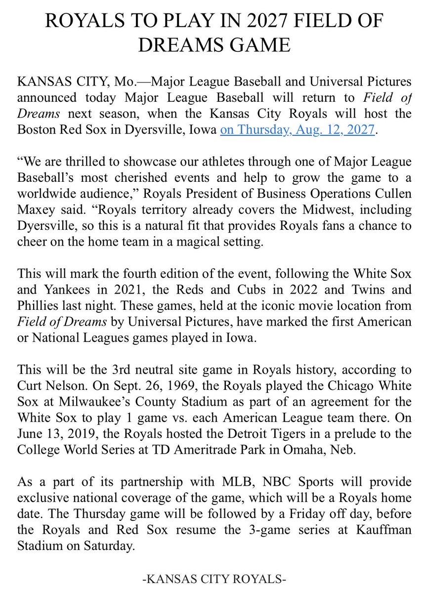 anne__rogers's tweet photo. The #Royals and Red Sox are scheduled to play in the MLB Field of Dreams game next year in Dyersville, Iowa.

🌽🌽🌽 https://t.co/WOLXSIivb0