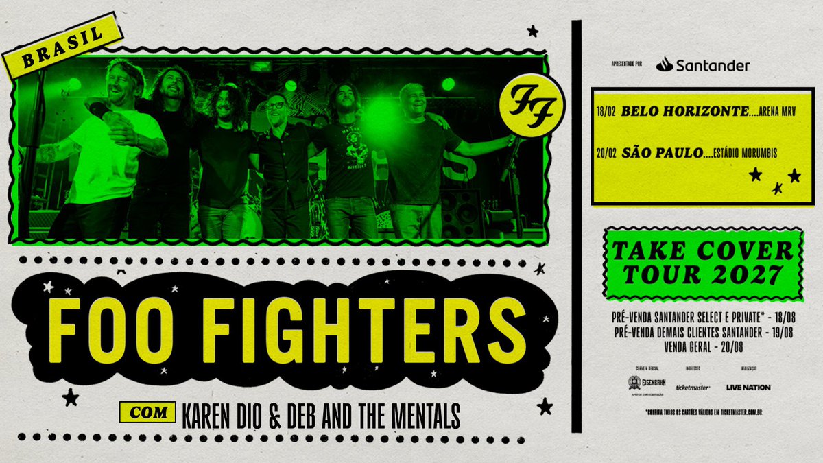 Daven8fs's tweet photo. 🇧🇷 WE'RE COMING TO BRASIL!!! 🇧🇷🇧🇷
Both shows are with Karen Dió & Deb and the Mentals

All tickets will be on sale Thursday, 20 August at 10am local time.

18 February 2027
Belo Horizonte, Brasil
Arena MRV
https://t.co/ALNOi9yCrr

20 February 2027
São Paulo, Brasil
Estatdio MorumBIS
https://t.co/7BjkoilLVA