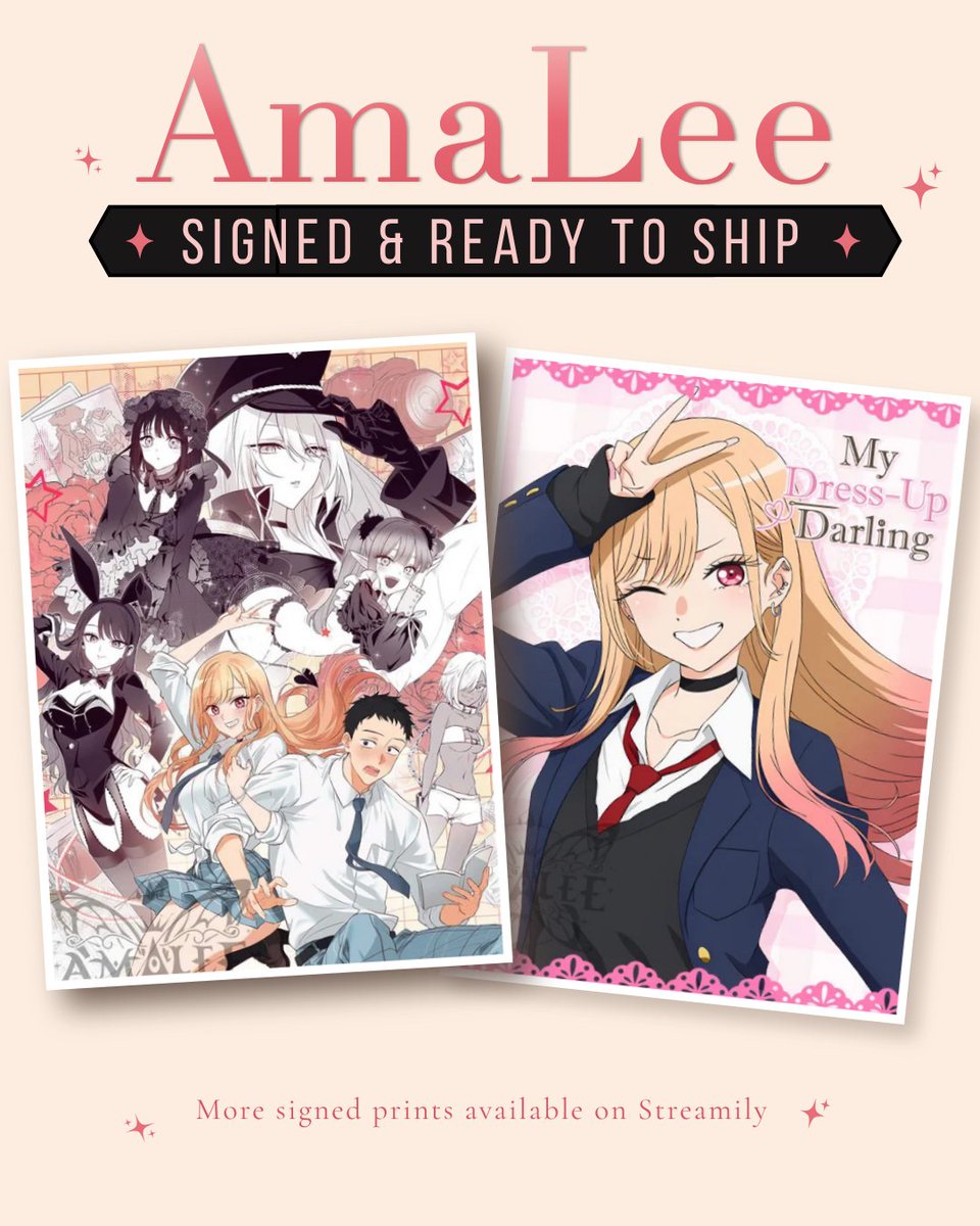 StreamilyLive's tweet photo. AmaLee’s store is BACK OPEN! 💜

Missed AmaLee’s recent signings? No worries! Her shop is back open with tons of signed prints available and ready to ship fast.

Quantities are limited, so get yours while you can!

#AmaLee #MyDressUpDarling #HonkaiStarRail #MarinKitagawa #OnePiece