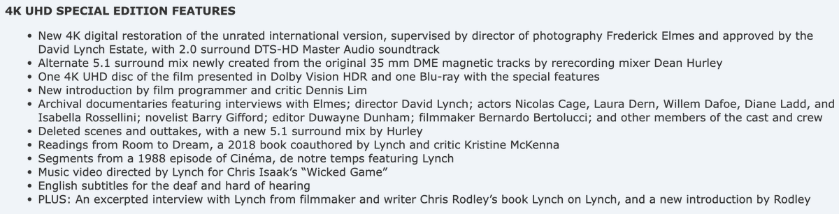 ObnoxandAnony's tweet photo. I think I'm actually going to cry.

#WildAtHeart is coming to @Criterion 4K this November in its original unrated Cannes version for the first time.

(The extras from the Imprint Blu-ray release have not included.)
#DavidLynch https://t.co/Ti5RwY4LVL