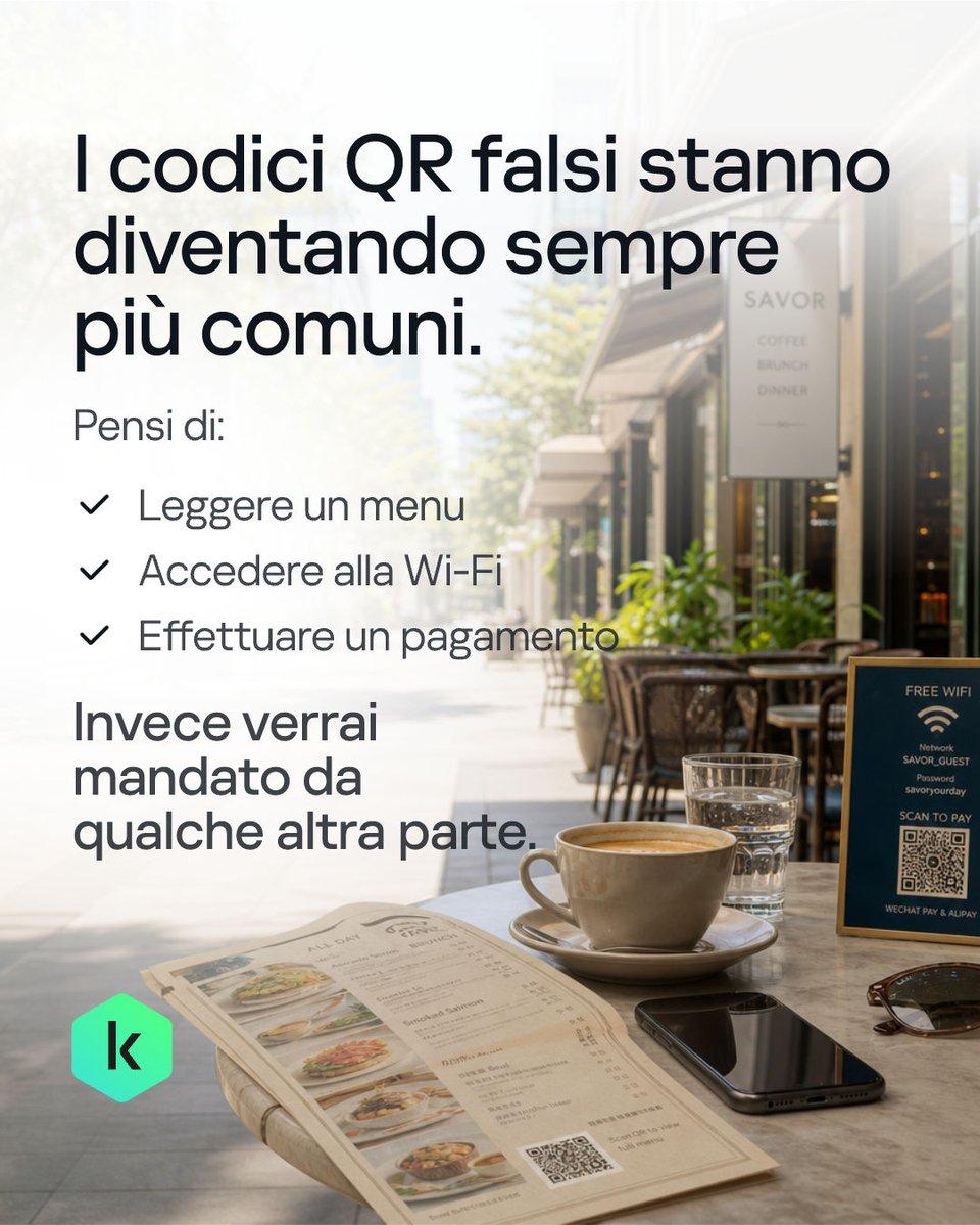 KasperskyLabIT's tweet photo. Il rischio digitale più grande in viaggio potrebbe non essere il Wi-Fi dell'aeroporto. ✈️

Codici QR falsi e app non ufficiali possono indirizzare i viaggiatori direttamente verso pagine di phishing e furti di credenziali.

4 cose da tenere a mente prima del prossimo viaggio 👇

https://t.co/kBQwRVESFY