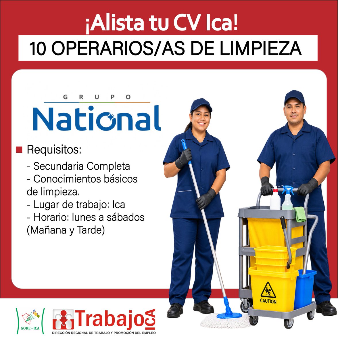 DRTPEICA's tweet photo. ✅ 📢 ¡CONVOCATORIA MASIVA EN ICA! 💼✨

¿Buscas una oportunidad laboral? 🙌
🗓️ Martes 18 de agosto de 2026
📍 Lugar: Centro de Empleo de Ica
⏰ Horario: 10:00 a. m. a 12:30 p. m.

📲 Regístrate y participa en la convocatoria.

#ConvocatoriaLaboral #Ica #Empleo https://t.co/NK8EhPEUZy