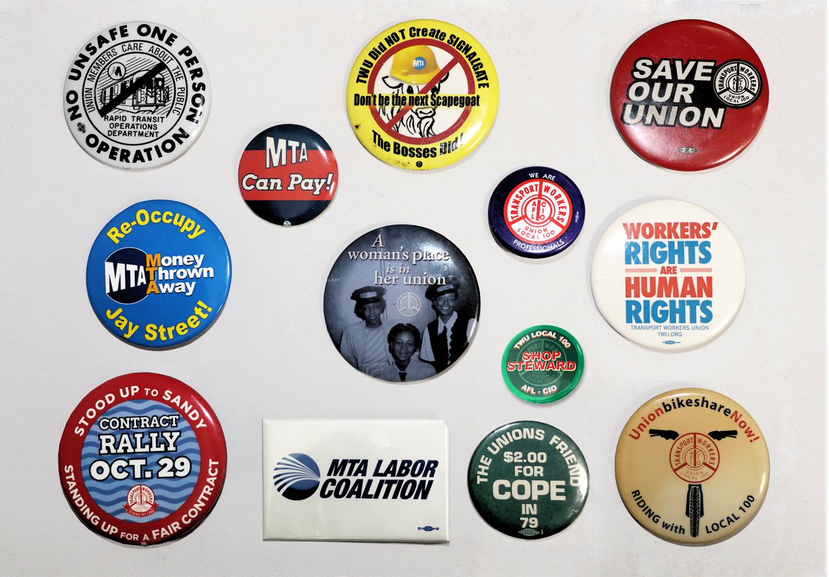 TWULocal100's tweet photo. #FlashbackFriday to some of our vintage pin collection dating back to the 1970s!

Below you’ll see us scolding the MTA bosses for playing broke, celebrating our efforts during Hurricane Sandy while fighting for a fair and equitable contact and supporting labor and the working class as a whole.
#WeMoveNY #UnionStrong #UnionSolidarity #WhenWeFightWeWin