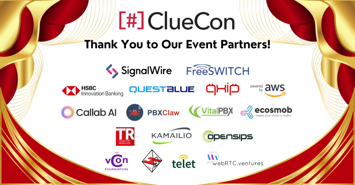 freeswitch's tweet photo. ClueCon 2026 wouldn't have been possible without our incredible event partners. Thank you for making it a success! We can't wait to see you in 2027. https://t.co/OS4zExklBy