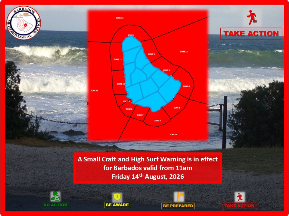 services84195's tweet photo. SMALL CRAFT AND HIGH SURF WARNING IS IN EFFECT FOR BARBADOS
Issued: Fri, 14 Aug 2026 11:09 AM

Wind speeds across Barbados and its marine space have increased today. These strong winds are generating choppy seas

For more information, please visit https://t.co/W0B0sYmEzg https://t.co/e2eN07yppK