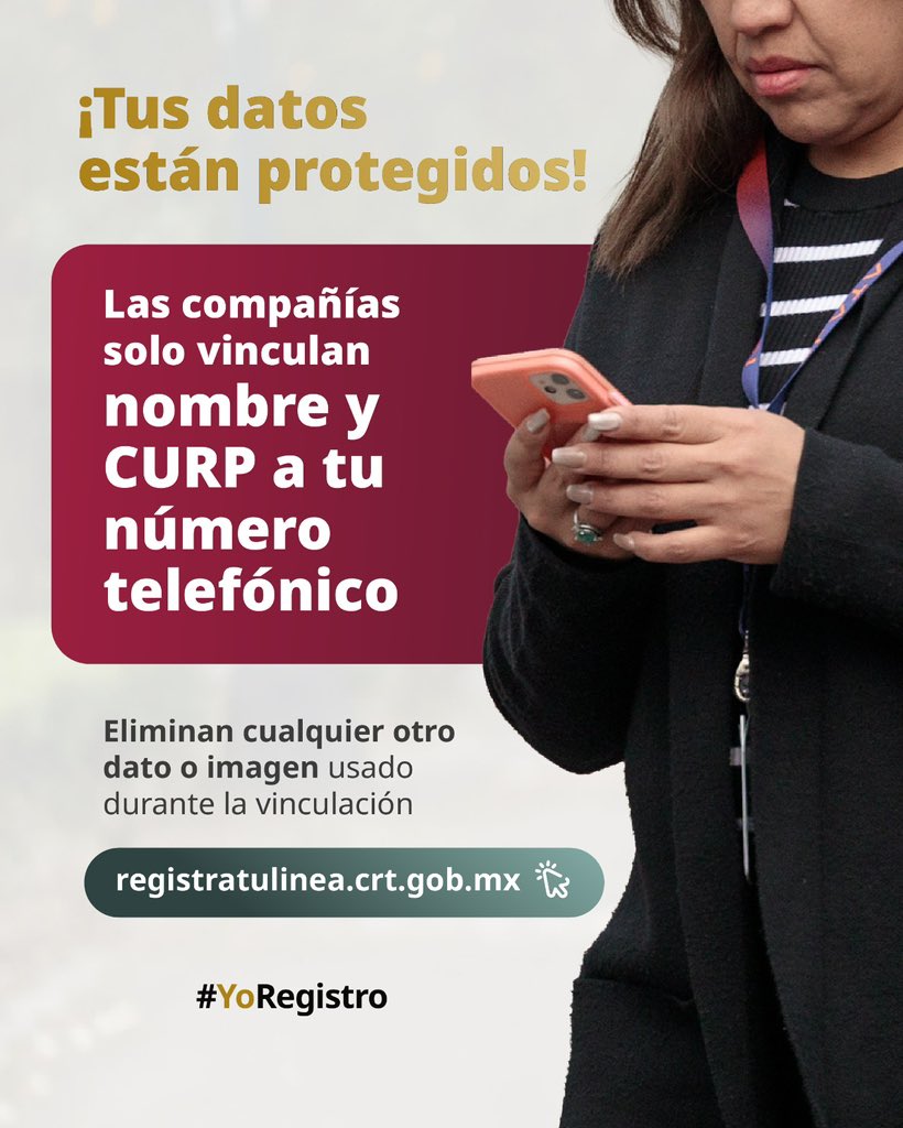 cnbvmx's tweet photo. Tus datos están protegidos! ✅

Las compañías telefónicas solo vinculan nombre y CURP a tu número telefónico. 📲

Identifica el último dígito de tu número telefónico, revisa el calendario y conoce tu fecha límite para vincular tu línea.

👉 https://t.co/fWISyp8J15

#YoRegistro https://t.co/tpjNweMDnm