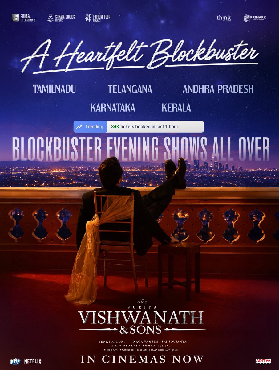 SitharaEnts's tweet photo. The love knows no boundaries ❤️

#VishwanathAndSons is on a rampage across states with an incredible 34K+ Tickets booked in the last hour on @BookMyShow 💥💥💥

Night shows going SOLD OUT everywhere ❤️‍🔥❤️‍🔥

#BlockbusterVAS #BlockbusterVishwanathAndSons 

@Suriya_offl #VenkyAtluri @_mamithabaiju @realradikaa @TandonRaveena @gvprakash @vamsi84 @NavinNooli @NimishRavi @Banglan16034849 @balajesaar #SaiSoujanya @ynakg2 @SitharaEnts @Fortune4Cinemas #SrikaraStudios @ThinkStudiosInd @adityamusic @PrimarkProd @PharsFilm