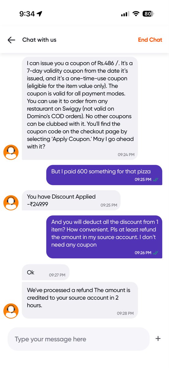 TanSharma23's tweet photo. @SwiggyCares @Swiggy 
Can someone please explain the calculation to me? 
If I take coupon, I’ll get Rs 486
But refund in source account, I’ll get Rs 427. https://t.co/lqAw8gy4N8
