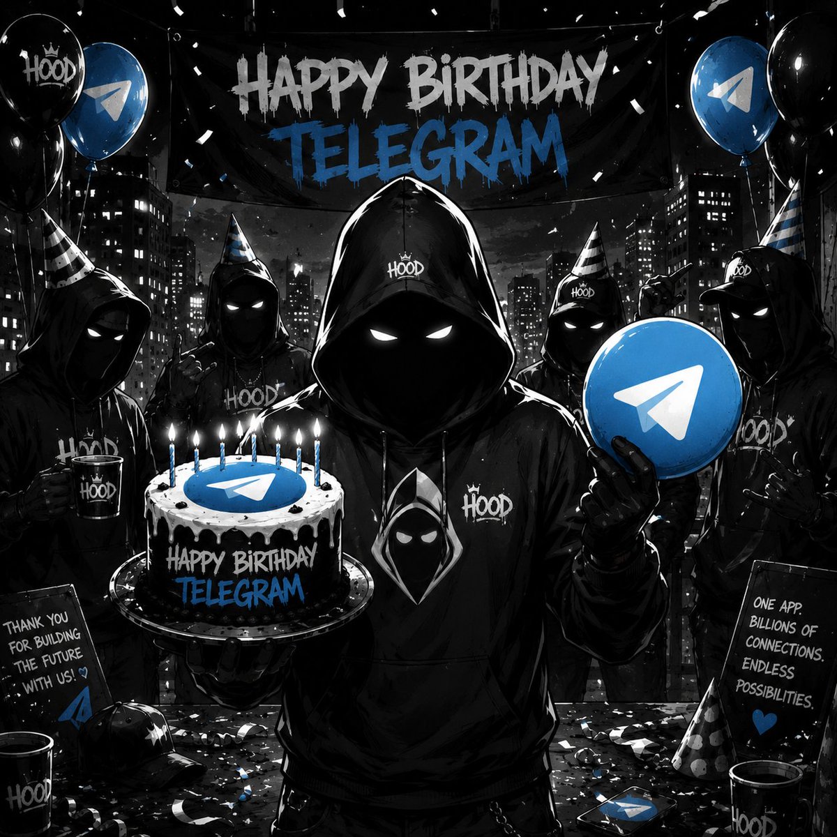 0xHoodX's tweet photo. 🎉 HAPPY BIRTHDAY, @telegram  ✈️

🎂 THE HOOD IS CELEBRATING. 🖤💙

Telegram turns another year older.
And you already know the HOOD can't stay quiet. 👀

A special birthday task just dropped in the HOOD.

🎯 New Task:
Happy Birthday, Telegram 🎂

Go complete it.
Grab your HS.

The party is in the HOOD tonight. 🕶️💙

Don't miss the cake. 🎂

https://t.co/2mYAh3UIkx