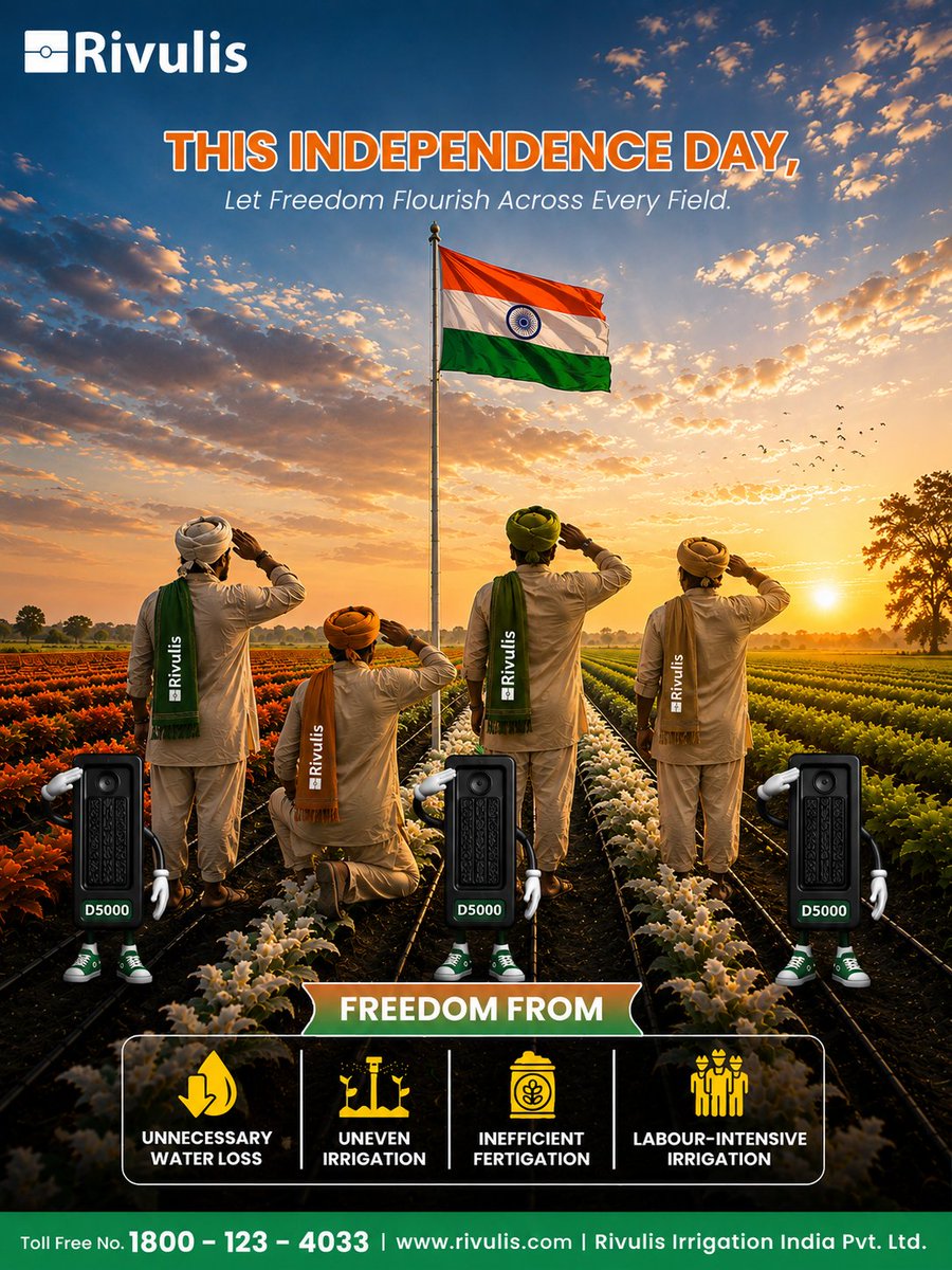 Rivulis_in's tweet photo. Freedom to grow. Freedom to farm smarter.
๐ฎ๐ณ๐ฑThis Independence Day, letโs celebrate a future powered by smarter water management, precision irrigation, and sustainable farming.๐ฎ๐ณ
#Rivulis #GrowBeyond #IndependenceDay #IndianAgriculture #PrecisionIrrigation #SmartFarming https://t.co/R9xAab8Rpy