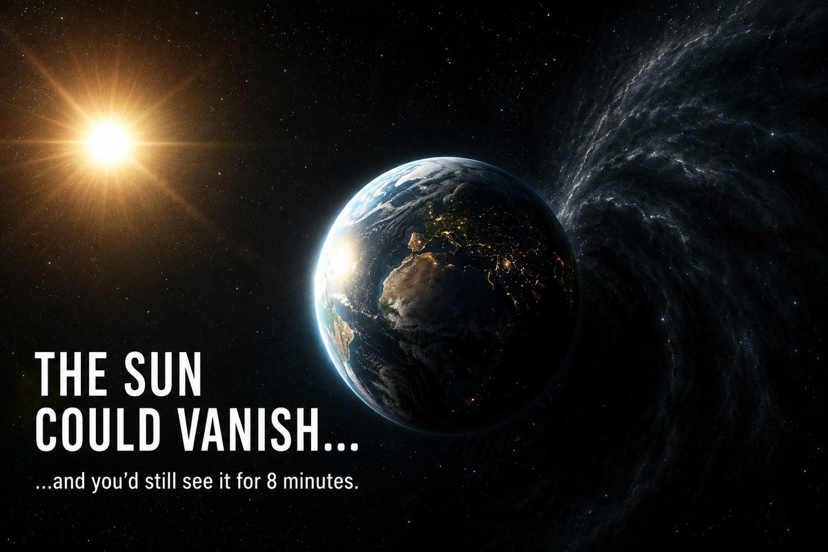 CosmicPillHQ's tweet photo. If the Sun vanished this instant, Earth would keep orbiting it... for another 8 minutes. ☀️

Imagine the Sun suddenly disappeared.

Not exploded.

Just... gone.

Would Earth instantly fly off into space?

No.

For about 8 minutes and 20 seconds, nothing would seem different.

The sky would still be bright.

The Sun would still appear exactly where it is.

And Earth would continue orbiting as if the Sun were still there.

Why?

Because light takes 8 minutes and 20 seconds to travel from the Sun to Earth.

According to Einstein's theory of relativity, changes in gravity also travel at the speed of light.

So Earth wouldn't "know" the Sun had vanished until those 8 minutes and 20 seconds had passed.

Only then would darkness arrive...

And our planet would begin drifting into deep space.

The Universe doesn't let information travel faster than light.

Not even gravity.

If you had just 8 minutes before the Sun truly disappeared, what would you do?