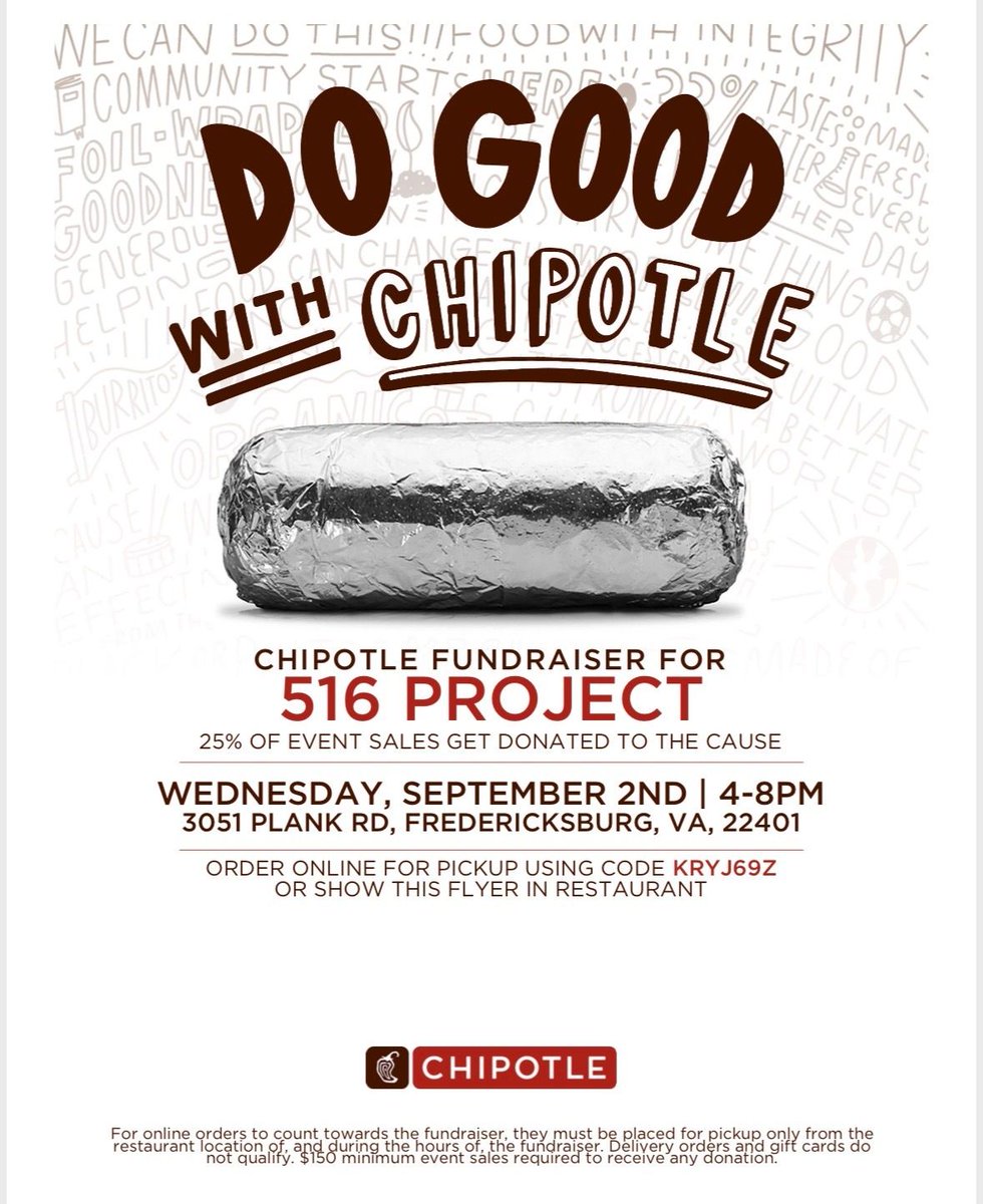 the516Project's tweet photo. 🌯 Do good with Chipotle! Join us Sept. 2 from 4–8 PM at the Plank Rd location! 25% of event sales support 516 Project. ❤️ Order pickup with code **KRYJ69Z** or show the flyer! https://t.co/1nsudZMdxU