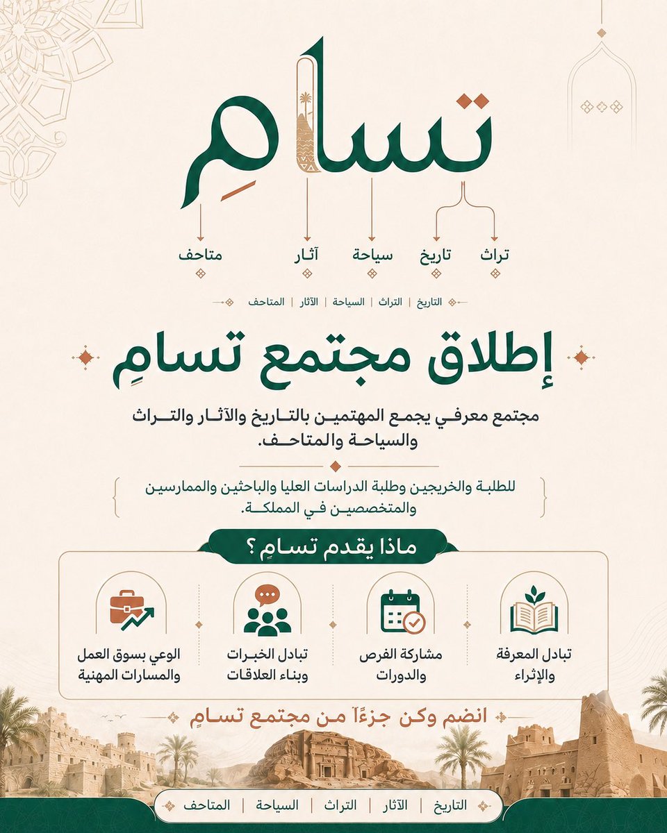 mooyad24's tweet photo. يسرني مشاركتكم إطلاق مجموعة تسامِ؛ وهي مساحة معرفية للمتخصصين والمهتمين في التاريخ والتراث والسي��حة والآثار والمتاحف وما يتفرع عنها، على مستوى جامعات وقطاعات المملكة. 

بهدف تبادل المعرفة والخبرات والدورات، وتوسيع شبكة العلاقات الأكاديمية والمهنية.

يسعدني انضمامكم ومشاركة الدعوة https://t.co/7ssu7azg3L