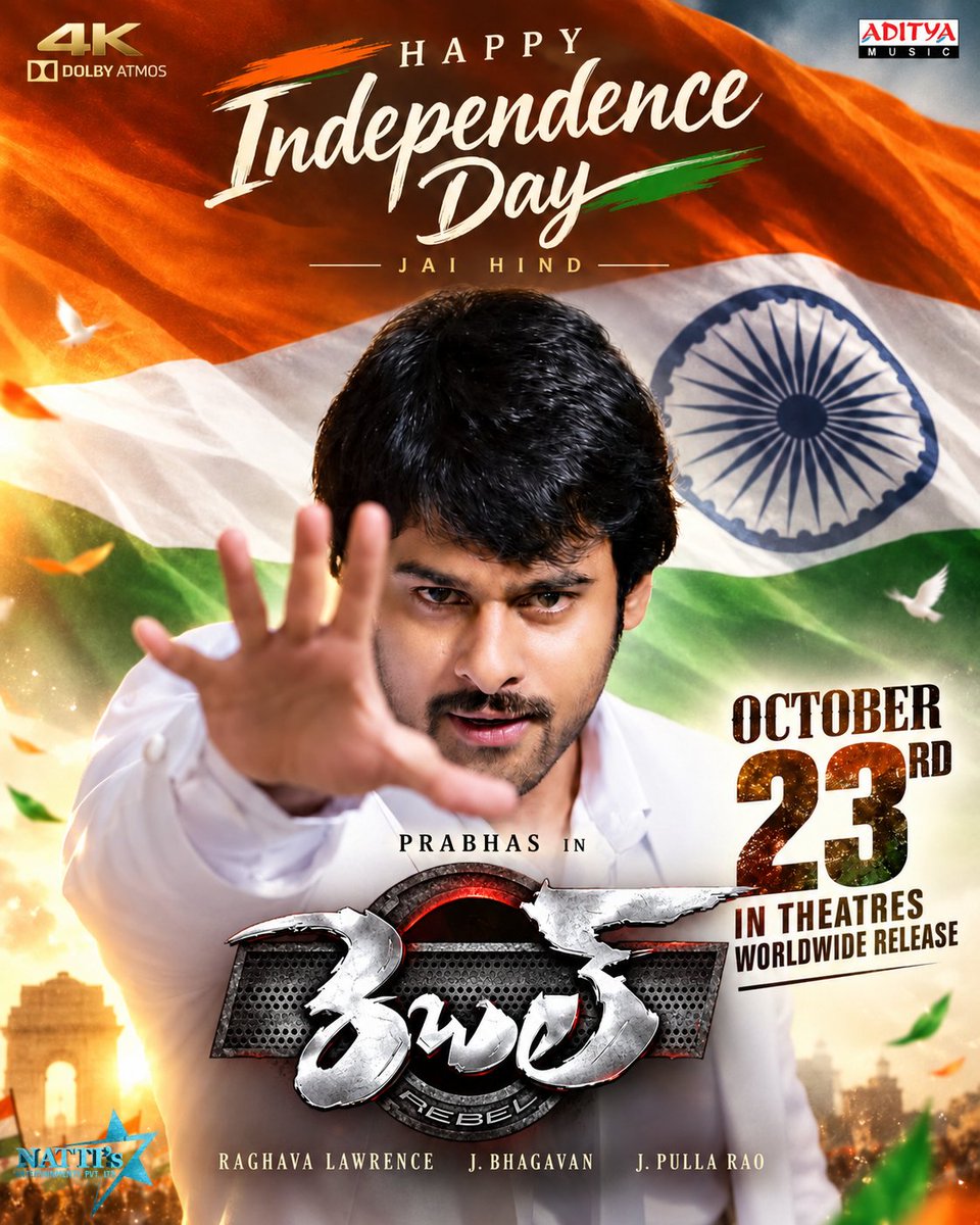 adityamusic's tweet photo. Brace yourself for the mass madness of #Rebel4K, re-releasing in theatres on October 23rd! ❤️‍🔥🎬

Happy Independence Day 2026! 🇮🇳

-- https://t.co/eT7uGEJfs9

#Prabhas @tamannaahspeaks #DeekshaSeth @offl_Lawrence #JBhagavan #JPullaRao #SriBalajiCineMedia @nattikumar7 @adityamusic #Rebel #RebelReRelease