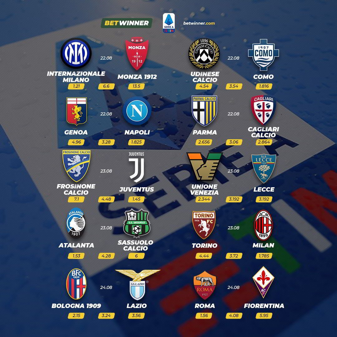 Tipsbets_'s tweet photo. #SerieA ⚽️ #italy🇮🇹
#Betwinner #Bookmaker #scommessesportive
#Inter - #Monza
#Udinese - #Como
#Genoa - #Napoli
#Parma - #Cagliari
#Frosinone - #Juventus
#Venezia - #Lecce
#Atalanta - #Sassuolo
#Torino - #Milan
#Bologna - #Lazio
#Roma - #Fiorentina

https://t.co/9XPj9TqKbr https://t.co/NG6VWx6dOE