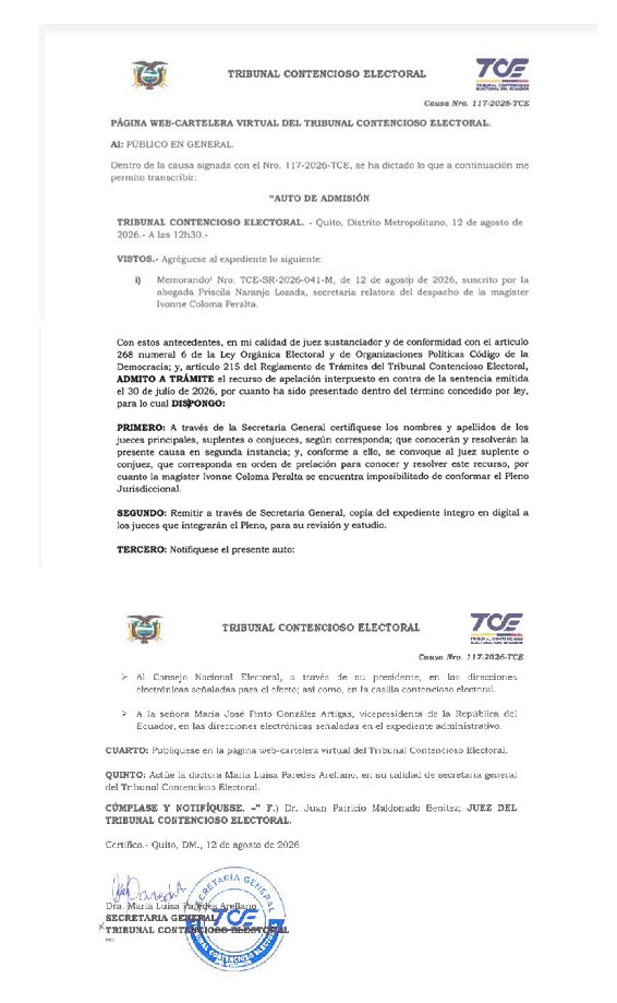 de_petrolero's tweet photo. El Pleno del @TCE_Ecuador  ADMITO A TRÁMITE el recurso de apelación interpuesto en contra de la sentencia emitida el 30 de julio de 2026, y a dispuesto notificar al @cnegobec y a la Sra. @mjpintoec  
https://t.co/fKAurliq4w
#LaREvocatoriaVa
#BastaDePersecución
#FirmesPorEcuador
@RevocaEC