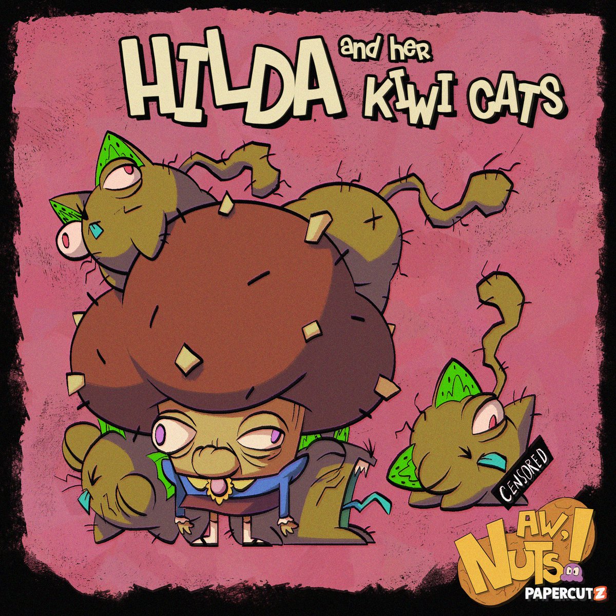 MisterParadigm's tweet photo. Next up on the Aw, Nuts character spotlight is Hilda and her kiwi cats! I love drawing this character. She tickles my 90's absurdist child heart.

#awnuts #crumbelievable #foodtopia #hilda #kiwicat #catlady #crazycatlady #comic #graphicnovel #middlegrade #characterdesign https://t.co/aFuJ7OWpBR