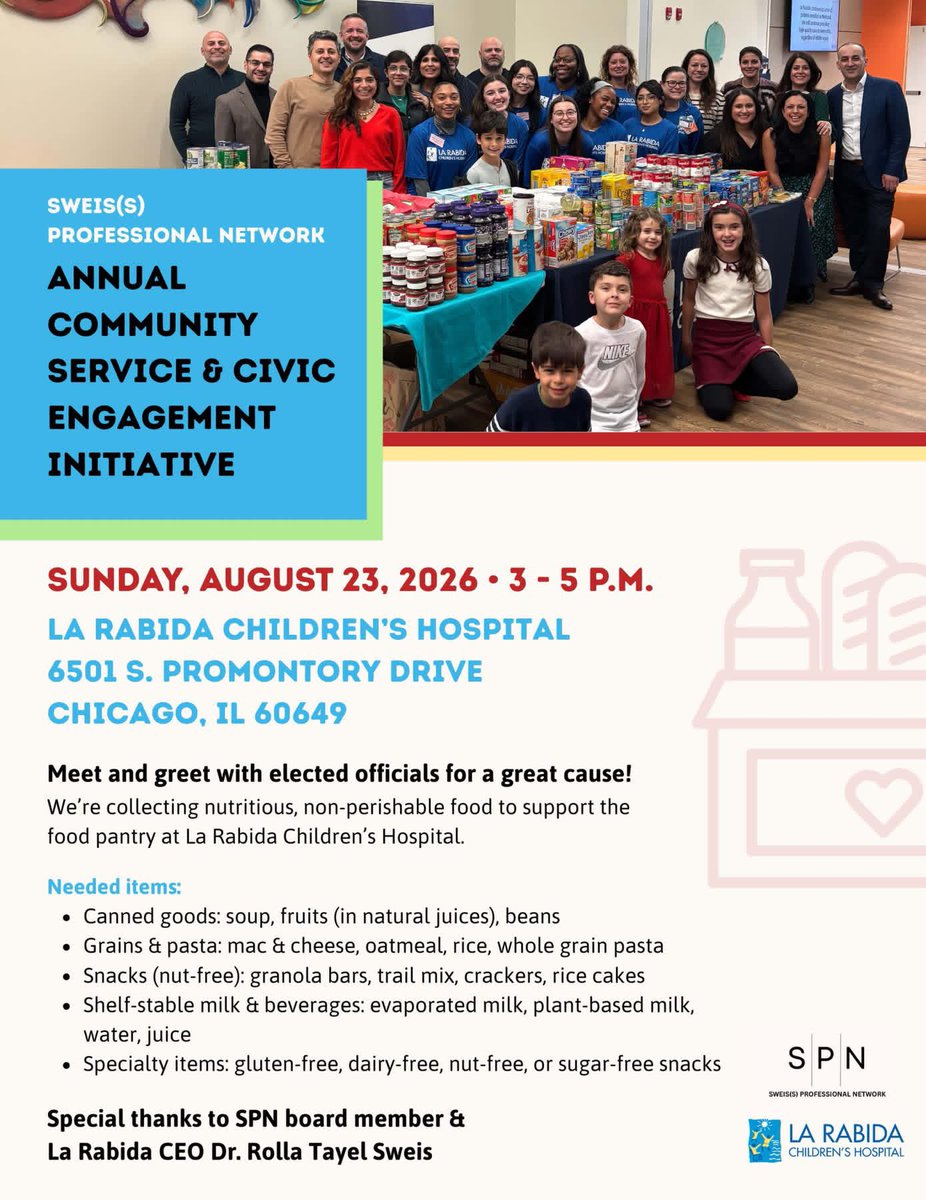 sweissnetwork's tweet photo. Join us on Sunday, August 23, from 3–5 p.m. for our 3rd Annual Community Service &amp; Civic Engagement Initiative at La Rabida Children’s Hospital. https://t.co/LPCv7PMKLb