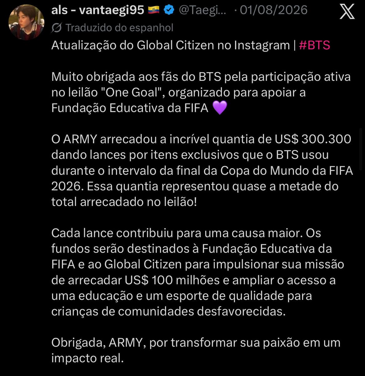 bangverso's tweet photo. o mesmo fandom army que mês passado derrubou a conta de uma antifeminista conservadora e que tem varios projetos beneficentes mas ninguem da uma foda?
o mesmo bts que ha 2 meses se apresentou na copa e nao recebeu nenhum centavo por isso porque doaram pra campanha de arrecadação pra educação infantil, deram seus próprios pertences pra um leilão beneficente e com isso arrecadaram 300 mil dólares com a ajuda do army. o mesmo bts que um dos membros doa em anônimo desde 2018 pra hospitais infantis, outro fundou um centro de tratamento pra jovens com transtorno do espectro autista e foi professor de musica voluntario durante o serviço militar, outro doou fundos pra ajudar em desastres ambientais e a lista de doações e causas que eles apoiaram nos últimos 2 anos é extensa. vocês se deixarem levar por um unico erro entre 1001 acertos mostra que vocês só estão do lado deles quando convém e o fato de você estar no fandom desde 2015 e mesmo assim conseguir falar uma bosta dessas mostra que o tempo que você acompanha não vale de nada porque a primeira coisa que você faz no primeiro erro deles é fazer um discurso performatico sobre o quanto eles mudaram sendo que eles continuam sendo os mesmos, você que sempre enxergou eles como fantoches e não como seres humanos
