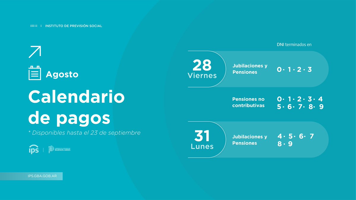 IPSBuenosAires's tweet photo. 📅 Ya esta disponible nuestro calendario de pagos de Agosto.

⚠El vencimiento del pago por ventanilla es el 23 de Septiembre. https://t.co/di5HKJPSxE