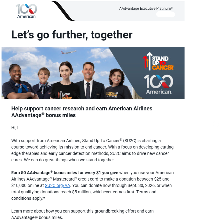 YamiOnPoints's tweet photo. AAカードでStand Up To Cancerに寄付すると、$1毎に50マイルもらえるよ。
$25～$10,000まで寄付可能だけど、Tax Deductionできるのは$75までなので要注意⚠️
(寄付した後に知った😇)

ボーナスマイルは寄付金総額$5Mまでなので、お早めに👍
#AmericanAirlines #SU2C

https://t.co/sAAvAmeJrD https://t.co/ajqoKiLpNQ