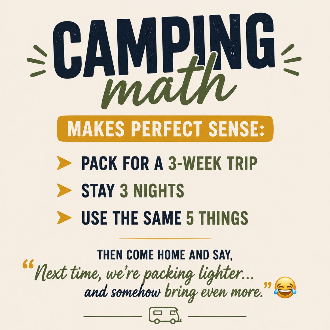RjourneyRV's tweet photo. Campers, you know this is true. 😂

We pack for every possible situation… then somehow use the same few things the entire trip.

And every time we promise, “Next trip, we're packing lighter.” 😅

Be honest: what's the one thing you ALWAYS pack but never actually use? 👇 https://t.co/NxN0KJfEkr