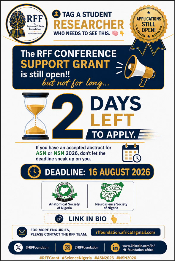 RFFoundatin's tweet photo. ⏰ JUST 2 DAYS LEFT!
The clock is ticking!
If you have an accepted abstract for ASN or NSN 2026, don’t miss your chance to apply for the RFF Conference Support Grant.
Tag a student researcher who needs to see this! 👇
Deadline: 16 August 2026.
Link in bio
#RFFGrant #ASN26 #NSN26 https://t.co/S29s1pez50