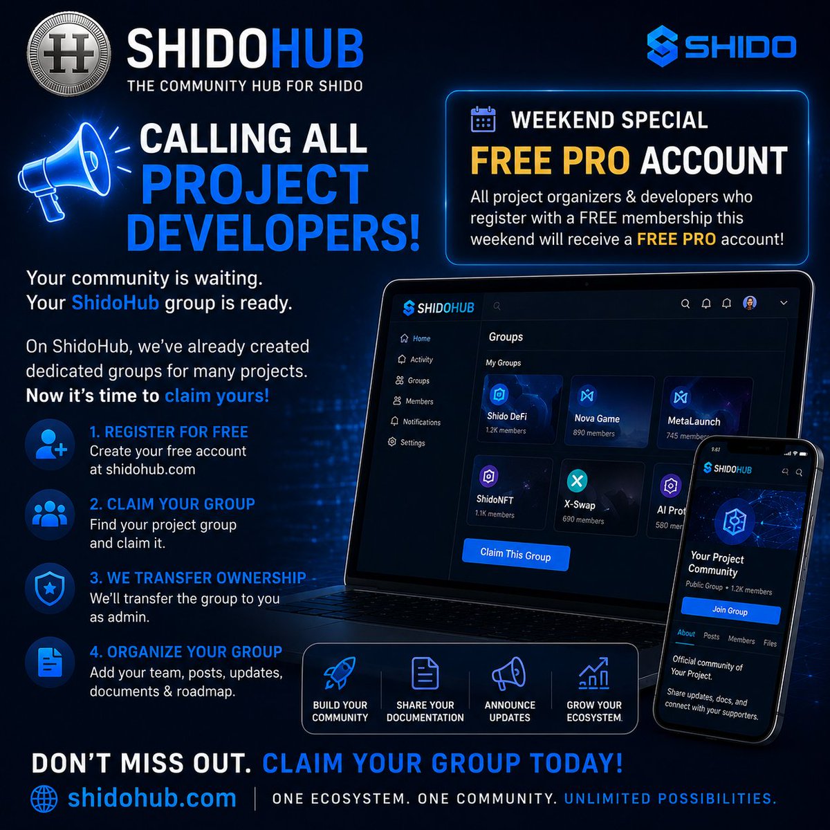 shido_doc's tweet photo. 🚨 CALLING ALL SHIDO PROJECT DEVELOPERS & ORGANIZERS! 🚨

ShidoHub is getting ready to bring the entire Shido ecosystem together in one community.

Many dedicated project groups have already been created on ShidoHub — and now we want the actual developers, founders and organizers behind those projects to take control of them.

🔵 IS YOUR PROJECT ALREADY ON SHIDOHUB?

Then it’s time to claim your group.

1️⃣ REGISTER FOR FREE
Create your FREE membership at https://t.co/3Qr3CiEE1L
2️⃣ FIND & CLAIM YOUR PROJECT GROUP
Check the Groups section. If we have already created a group for your project, contact us and claim it.

3️⃣ WE TRANSFER THE GROUP TO YOU
Once verified, I will transfer the administration of the group to the relevant developer, project owner or official organizer.
4️⃣ BUILD YOUR PROJECT HUB
Start organizing your group as soon as possible.

Add your project information, documentation, official links, roadmap, announcements, updates and everything your community needs to understand and follow your project.
🎁 SPECIAL LAUNCH OFFER — THIS WEEKEND ONLY

Every verified Shido ecosystem developer or project organizer who registers with a FREE membership this weekend and claims their project group will receive:
⭐ A FREE PRO ACCOUNT

This is our way of helping Shido projects establish their presence on ShidoHub from day one.

Your group can become the place where your community finds:

📚 Project documentation
📢 Official announcements
📰 Development updates
🗺️ Roadmaps
💬 Community discussions
🔗 Important project links
👥 Direct interaction with your community

⚡ Please don't wait until the community is already there.

Claim your group, organize it, add your documentation and make sure that new ShidoHub members immediately have access to accurate information about your project.

🌐 Register FREE now:
https://t.co/3Qr3CiEE1L

One ecosystem. One community. One Hub.
#SHIDO #ShidoHub #ShidoNetwork #Web3 #DeFi #Crypto #Blockchain #Developers